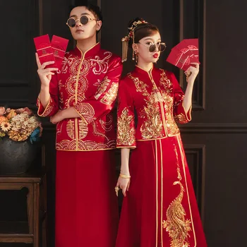 2022 Retro Hiina Stiilis Paar Punane Paabulind Litrid Tikandid Cheongsam Terviseks Riided Pulm Kleit