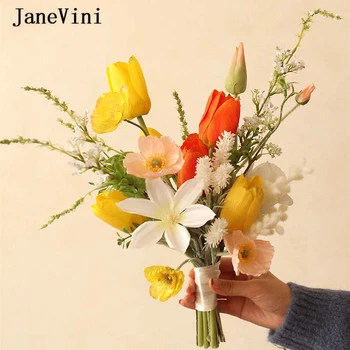 JaneVini Kollane Oranž Tulbid Pulm Kimp Naiste Pruut Kunstlik Siidist Lilled Stiilne Pruudi Pruutneitsi Käsi Võltsitud Kimp