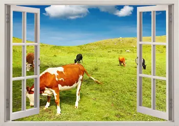 Lehmad Seina kleebis mägi 3D aken, lehmade valdkonnas seina decal kodu decor, värvikas lehmad seina art lapsed, lapsed toas, kahanda