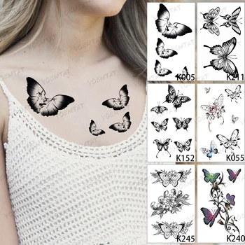 6PC Mood Musta Värvi Liblika Tattoo Komplekt Paar Üleandmise Veekindel Ajutine Tätoveering Kleebis Naine, Mees, 3D Body Art Võltsitud Tatto
