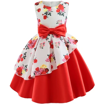 Punane trükitud lille Vibu tüdrukud dress sleeveles kihiline Lapsed Kleidid tüdrukute mitteametlik printsess kleit beebi tüdrukute riided vestidos