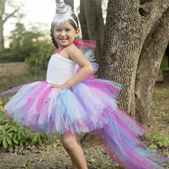 Tüdrukud Rainbow Unicorn Trailing Tutu Kleit Lapsed Heegelda Tülli Pall Kleit Kleit koos Sulg Hairbow Lapsed Osaline Kostüüm Kleidid
