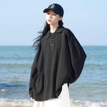 Puuvill Suvel, Kevadel Polo Nuppu Naiste Õhuke Korea Fashion Harajuku Vabaaja Plain Liiga Pikk Varrukas Tops Valge 2023 T-Särgid