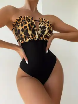 Leopard Printida Frilled Tie Tagasi Toru Ühes Tükis Ujumistrikoo Naiste Salendav Bodysuit Suvel Rannas Supelda Suit Supelrõivad
