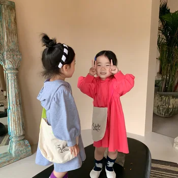 2021 Sügisel Uus Tüdruk Kleit Väikelapse Lapsed Korea Fashion Puhvis Varrukad Kapuutsiga Kleit Beebi Riided