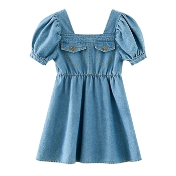 Uus 2021 Suvel Suured Tüdrukud Dress Teen Lapsed Denim Kleit Mood Puhvis Varrukad Sundress Elegantne Laste Riided