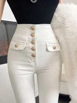 Streetwear Kevadel Naiste Luksus Pliiats Püksid Püksid Valge Slim Kõrge Vöökoht Tüdrukud Ühe Nupud Püksid
