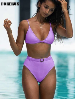FORERUN Kõrge Vöökoht Sexy Bikini Set Push Up Supelrõivad Naiste V-Kaeluse Tahke Ujumistrikoo Biquini trikoo Beachwear