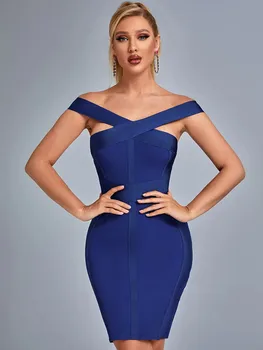 Uute Tulijate Tahke Naiste Suvel Stiilis Seksikas Maha Õla Royal Blue Mini Bodycon Sidemega Kleit 2022 Elegantne Õhtu Poole Kleit