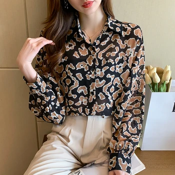 Leopard Printida Särk Naiste Seksikas Stiil Kaua Laterna Varruka Ülemine Naiste Mood Päikesekaitsetoodete Naiste Topid korea Fashion Tops Mujer