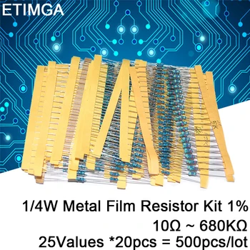 500pcs/palju 1/4W Metal Film Takisti Kit 10Ω ~ 680KΩ 1% Tolerants Värvi ring takisti 25Values x 20pcs